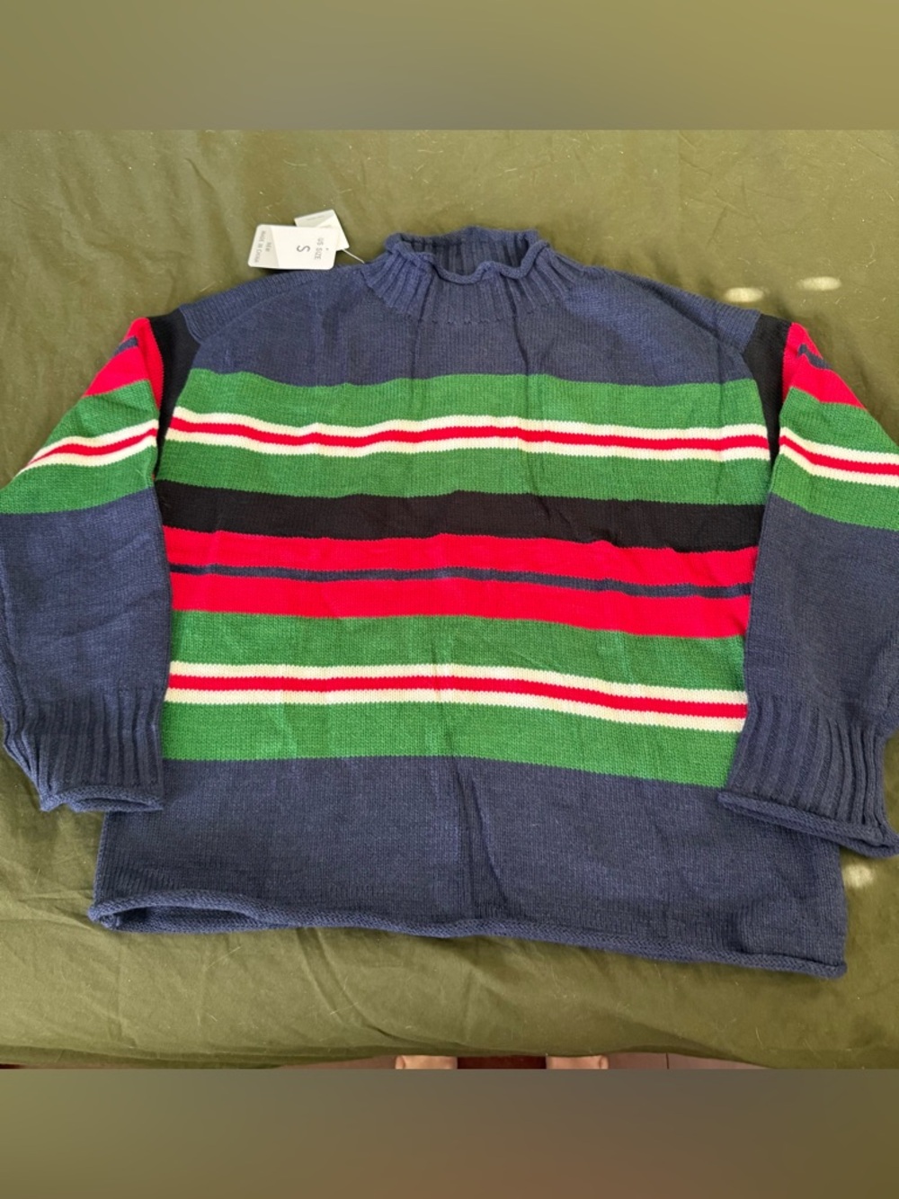 Blue and green striped mock neck sweater